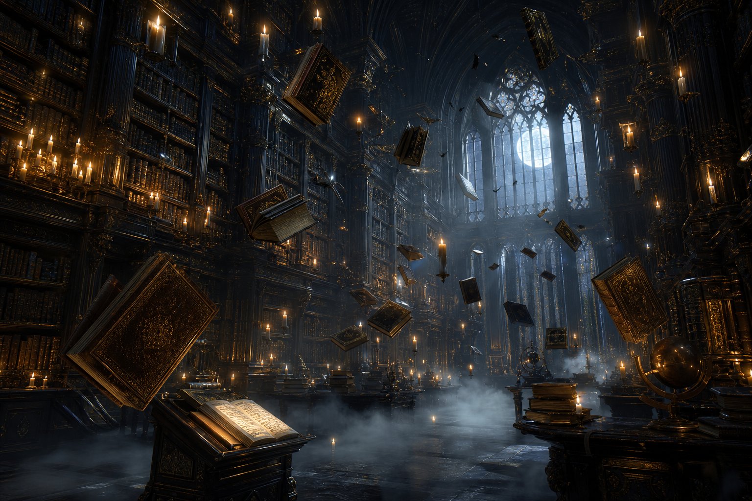 A vast ancient library hall at night — floating books, drifting candle flames, fog and moonlight through gothic windows