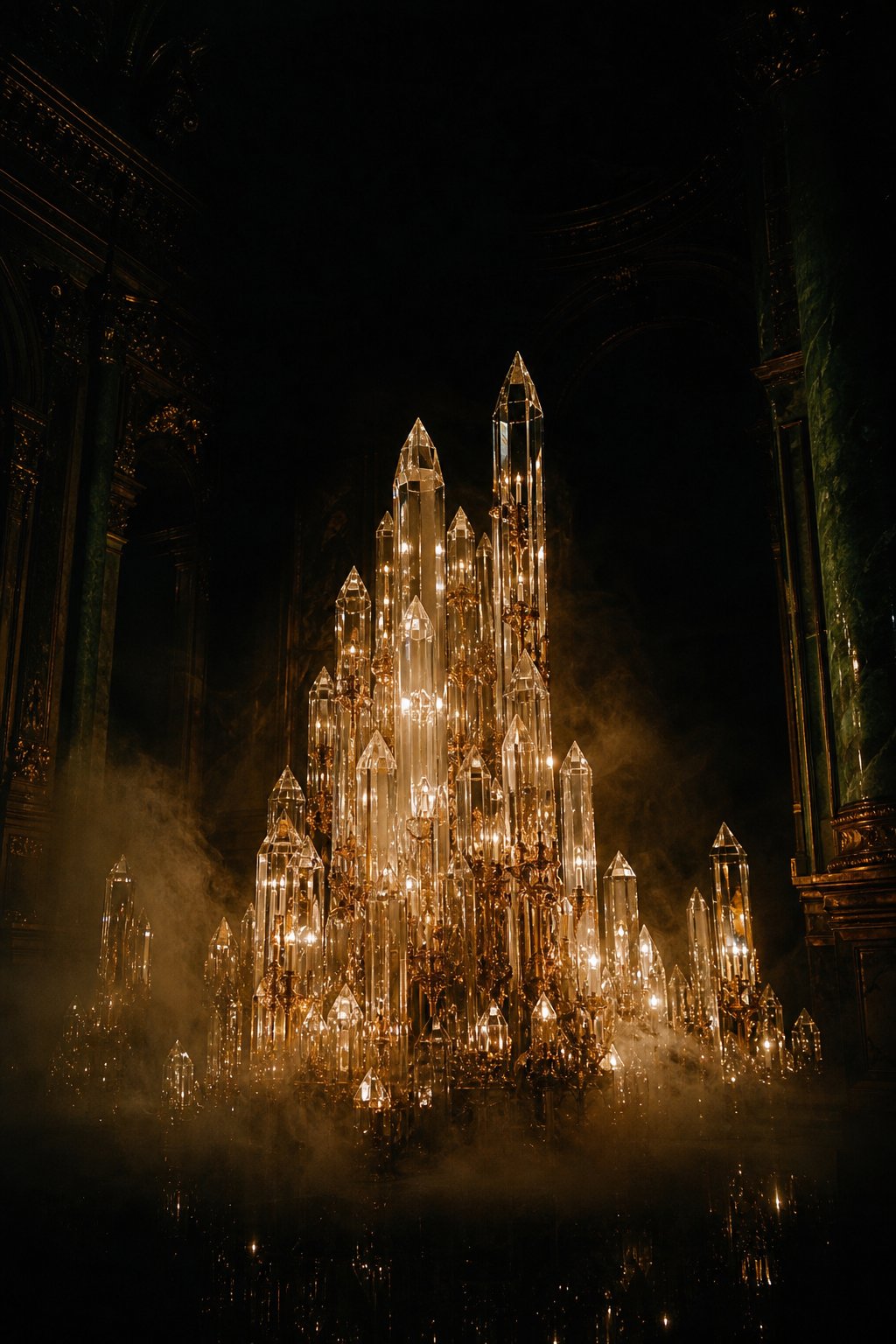 A golden crystal light installation glowing inside a dark baroque hall