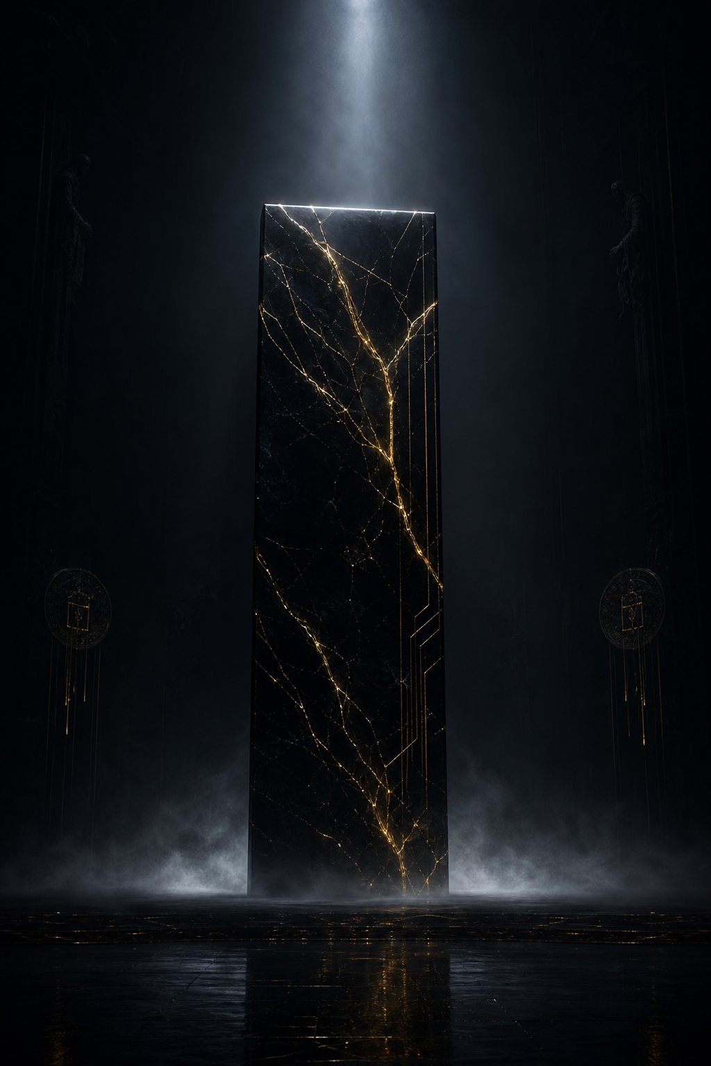 A black obsidian monolith with veins of glowing gold standing in a misty hall