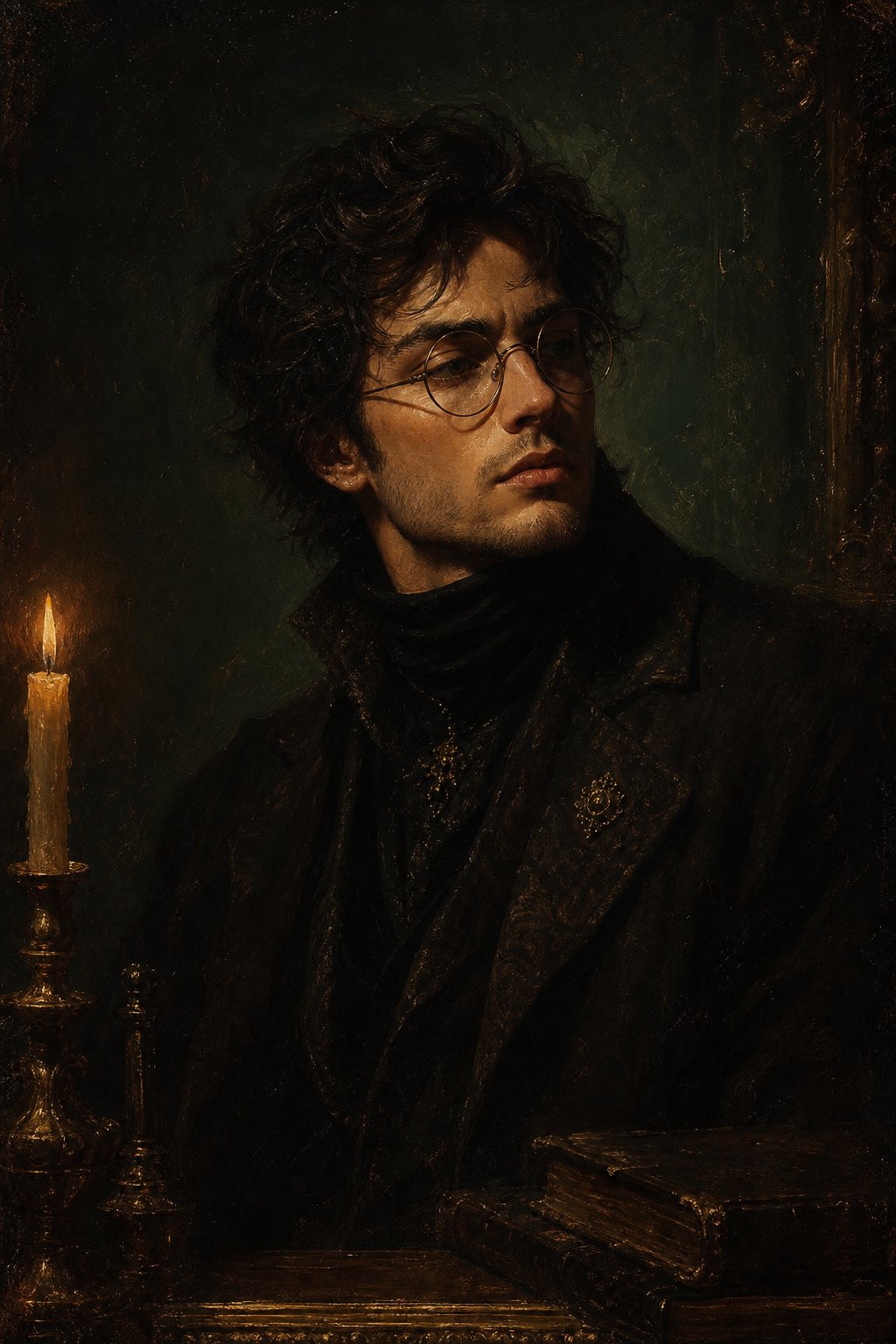 Candlelit oil portrait of Cassian Merrow